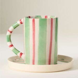 Anthropologie Daily Stripe Stoneware Espresso Cup & Saucer | Red & Green | NIB